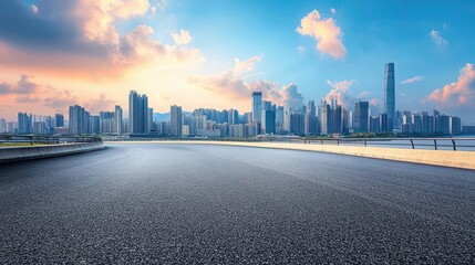 Empty square floor with modern city buildings scenery. Empty square floors and city skyline with modern buildings under blue sky.