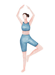 Watercolor illustration of Girl doing morning exercises. Woman in blue tracksuit standing in yoga pose isolated on white background