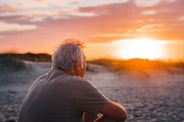 A Lonely Man Gazes at the Ocean, An Elderly Person Embraces Freedom and Calm by the Shore Under a Summer Sky