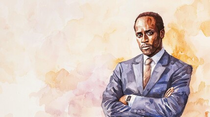 Old Black Man with Brown Straight Hair watercolor illustration.