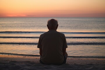 A Lonely Man Gazes at the Ocean, An Elderly Person Embraces Freedom and Calm by the Shore Under a Summer Sky