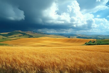 Golden wheat field under a dramatic sky with rolling hills in the background.