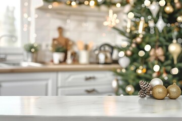 Fototapeta premium Illuminate your kitchen counter with a festive display to enhance the Christmas spirit. Use lights, ornaments, and traditional decorations to create a cozy holiday ambiance and spread cheer