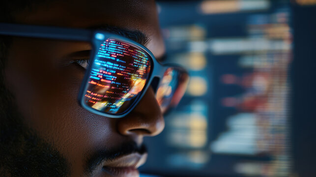 A reflective individual staring at a computer screen with lines of code visible on the glasses, embodying the innovation and dedication of a programmer at work.