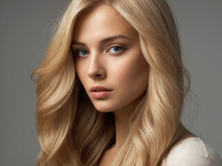 Fototapeta premium beautiful blond hair young woman. beauty portrait of pretty girl with smooth wheat colored hair