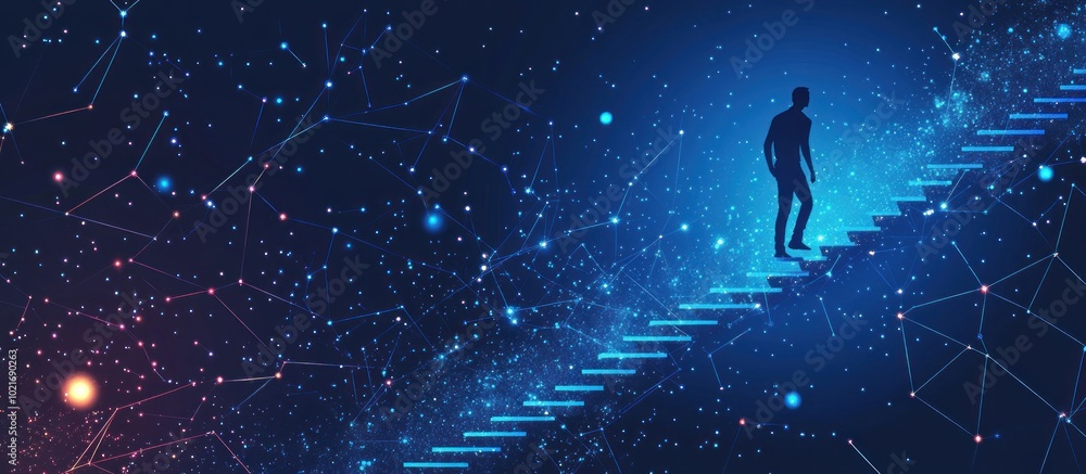 Poster abstract image of a man climb stairs in the form of a starry sky or space, consisting of points