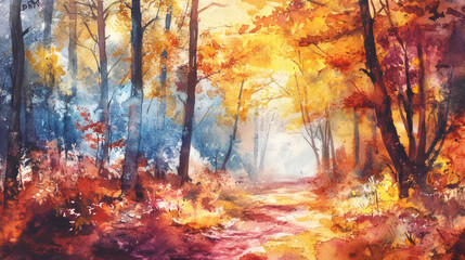 A picturesque autumn scene showcasing a forest path adorned with trees in vibrant hues of red, yellow, and orange under the soft glow of filtered sunlight.
