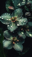 Exotic flowers glisten with water droplets in dramatic dark lighting, creating a high-contrast visual in HD quality