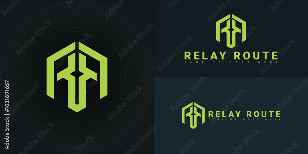 Poster modern hexagon initial vector letter r or rr logo in green color isolated on multiple background col