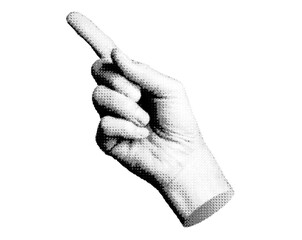 Index finger pointing, indicating. Pointer forefinger. Halftone textured old style vector isolated on white background.