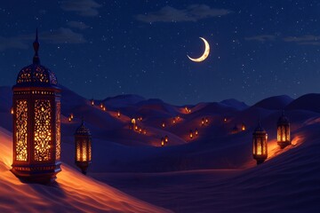 Naklejka premium Serene Desert Night Scene with Lanterns and Moonlight