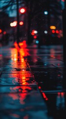 Moody night city with bright street lamps reflecting on wet pavement in deep shadows, creating a mysterious ambiance
