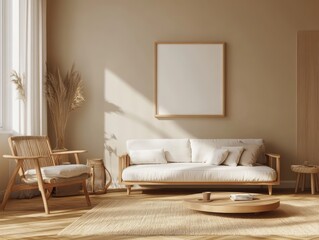 A minimalist winter living room with warm hazelnut walls, cozy furniture, and light wood accents