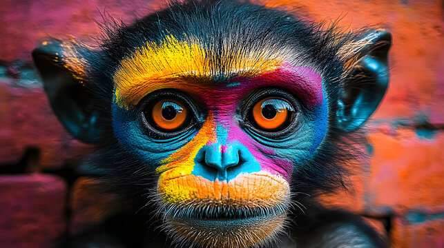 A close-up of a monkey with vibrant paint on its face and a brick wall in the backdrop
