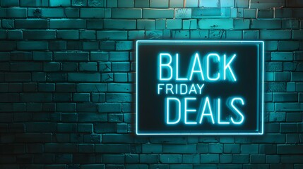 Turquoise Neon 'BLACK FRIDAY DEALS' Sign on a Brick Wall