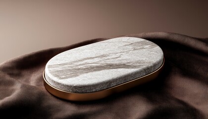 A modern stone podium with brushed copper edges, resting on soft camel-colored wool fabric, with soft lighting casting elegant shadows and creating a refined, high-end display.