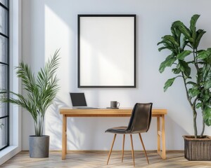 Minimalist Home Office with Wooden Desk and Plant Decoration