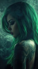 Fototapeta premium Portrait of a girl with vibrant green hair and detailed tattoo against a dark, moody background with cinematic lighting