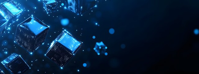 Abstract background with blue glowing cubes on a dark blue background, a digital technology and data concept