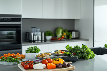 A variety of fresh vegetables and ingredients on a kitchen counter, ready for meal preparation in a modern home setting