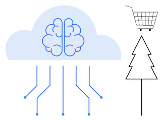 Blue brain in a cloud with circuits and a shopping cart on a tree. Ideal for AI technology, cloud computing, smart retail, innovation, growth. Line art style