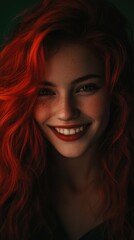 A smiling girl with vibrant red hair illuminated by soft lighting against a dark green background in a detailed portrait