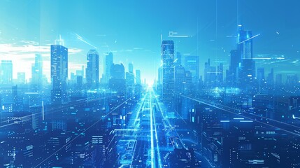 Blue and white digital city illustration