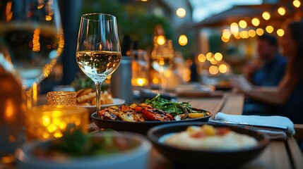   A close-up of a plate of food on a table with a glass of wine and people in the background