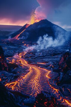 Lava Flowing Down a Volcano at Night