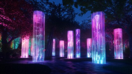 Vibrant Urban Park Light Installations with Interactive Towers and Ambient Music Pulse