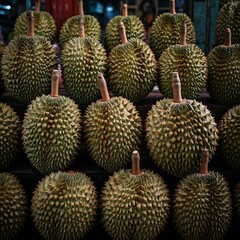a durian vendor at a bustling Thai market, with stacks of durians piled high, each showing the unique patterns and spikes on their shells.

