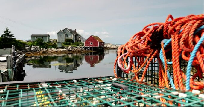 Picturesque Peggy&rsquo;s Cove in Nova Scotia, a charming coastal village known for its iconic lighthouse, rugged rocks, and scenic ocean views.