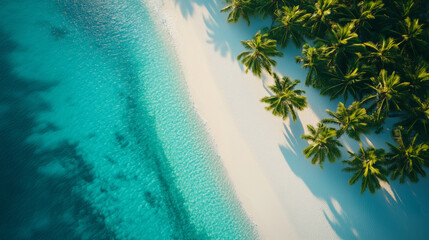 Aerial landscape of a tropical beach with white sand, turquoise ocean and green palm trees