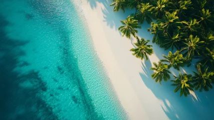 Selbstklebende Fototapeten  Aerial landscape of a tropical beach with white sand, turquoise ocean and green palm trees © Myroslava