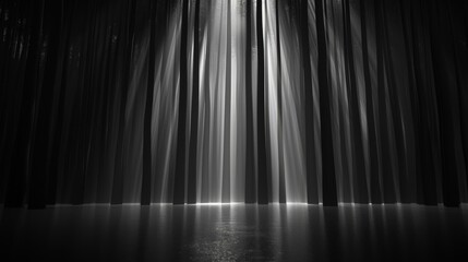 Black and white photo of tall trees in a forest with light shining through them
