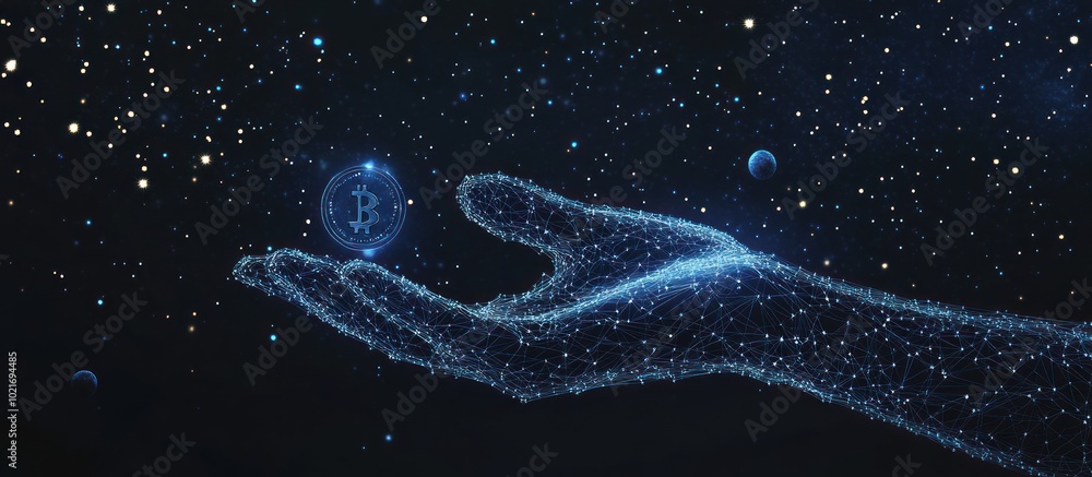 Aufkleber abstract image of a hand with dollar coin in the form of a starry sky or space, consisting