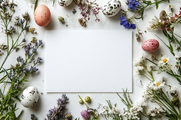 Springtime arrangement of colorful eggs and wildflowers on a rustic surface in bright daylight