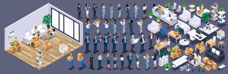 Isometric Kit for creating an office cabinet. Large Kit of furniture and Isometric Characters, Personage. Create your own unique design N1
