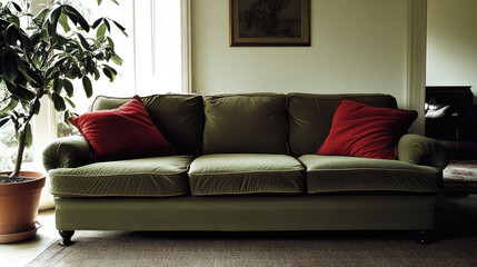 A comfortable green sofa adorned with vibrant red pillows is illuminated by gentle natural light, with a leafy plant adding an element of nature indoors.