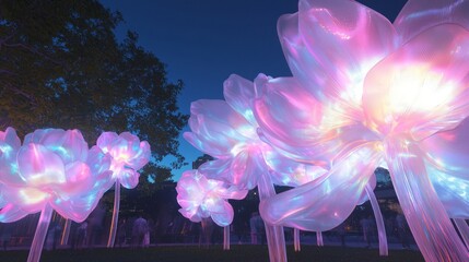 Obraz premium Illuminated Interactive Flower Installation Reacting to Visitors' Movement