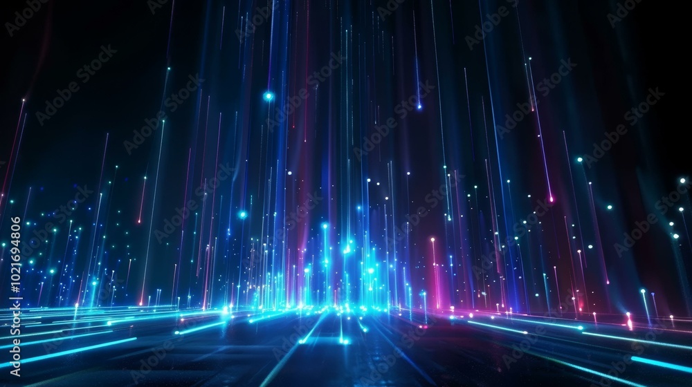 Sticker Blue and purple glowing particles form a futuristic digital landscape