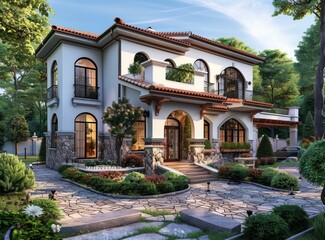 Fototapeta premium Luxury Villa Exterior with Lush Landscaping