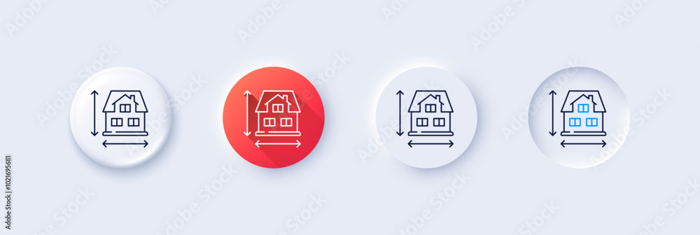 Poster house dimension line icon. neumorphic, red gradient, 3d pin buttons. building size sign. architectur