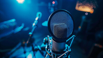 Close-up of a professional microphone in a recording studio, illuminated by blue lighting, setting the scene for audio production.
