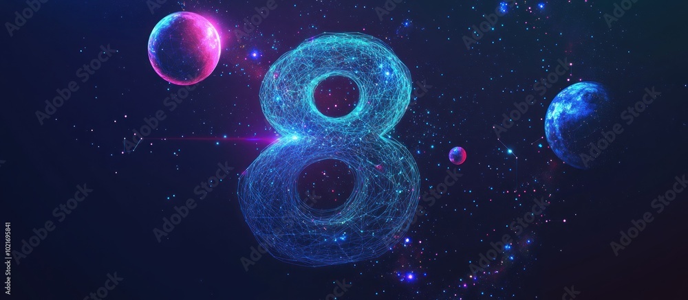 Poster abstract image of a number eight in the form of a starry sky or space,
