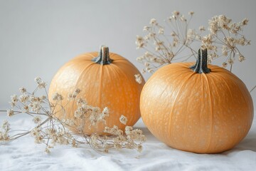 Two vibrant orange pumpkins surrounded by dried flowers on a light background