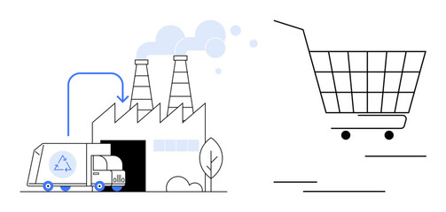 Recycling truck at factory and shopping cart. Ideal for promoting recycling, sustainable manufacturing, consumer awareness, environmental responsibility, eco-conscious retail. Simple modern vector