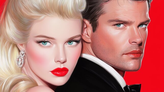 A retro movie poster illustration from the 1950s, featuring hand-drawn characters, dramatic poses, and bold colors with classic Hollywood typography and vintage film vibes.