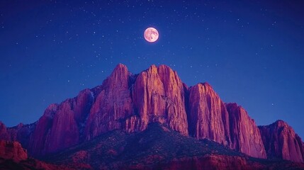 A full moon hangs in the sky over a mountain range with stars twinkling in the distance.