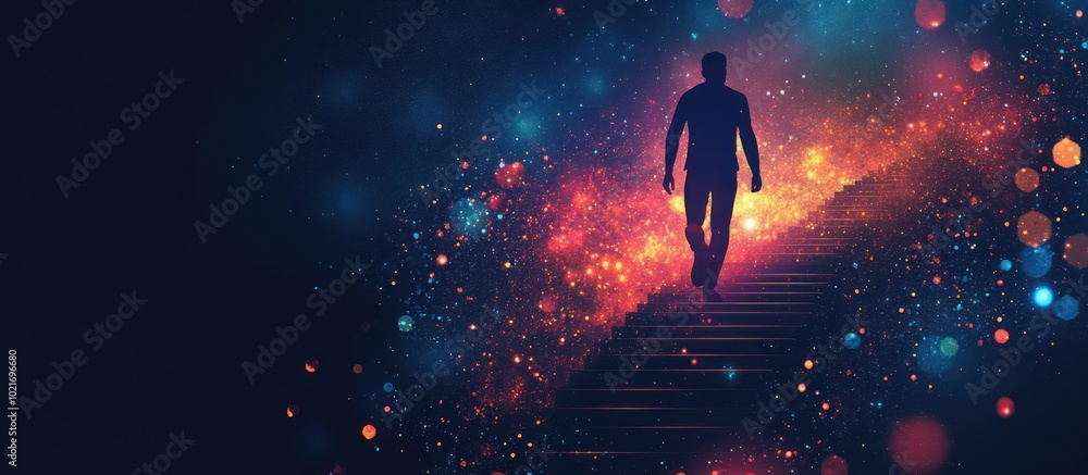 Poster abstract image of a man climb stairs in the form of a starry sky or space, consisting of points